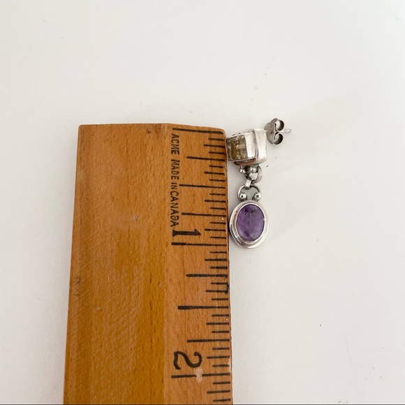 Silver Dangle Earrings with Yellow and Purple Gemstones - Picture 4 of 5